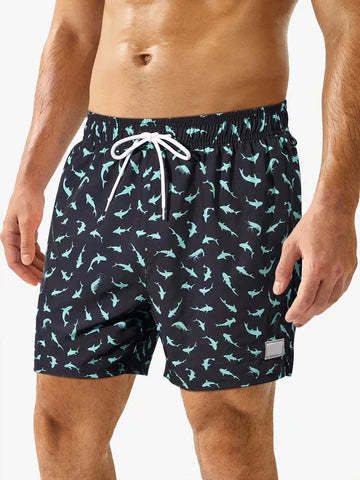 Allover Print Drawstring Waist Slight Stretch Swim Trunks-Waves And Trunks