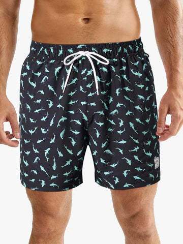 Allover Print Drawstring Waist Slight Stretch Swim Trunks-Waves And Trunks