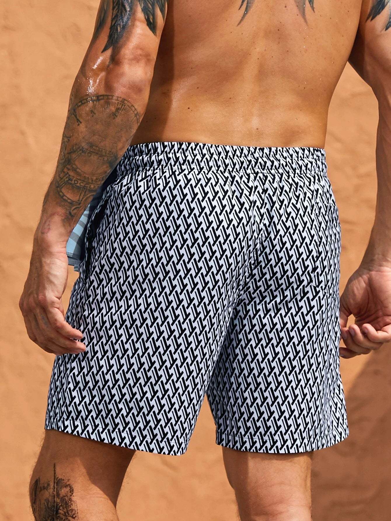Geometric All Over Print Drawstring Shorts-Waves And Trunks