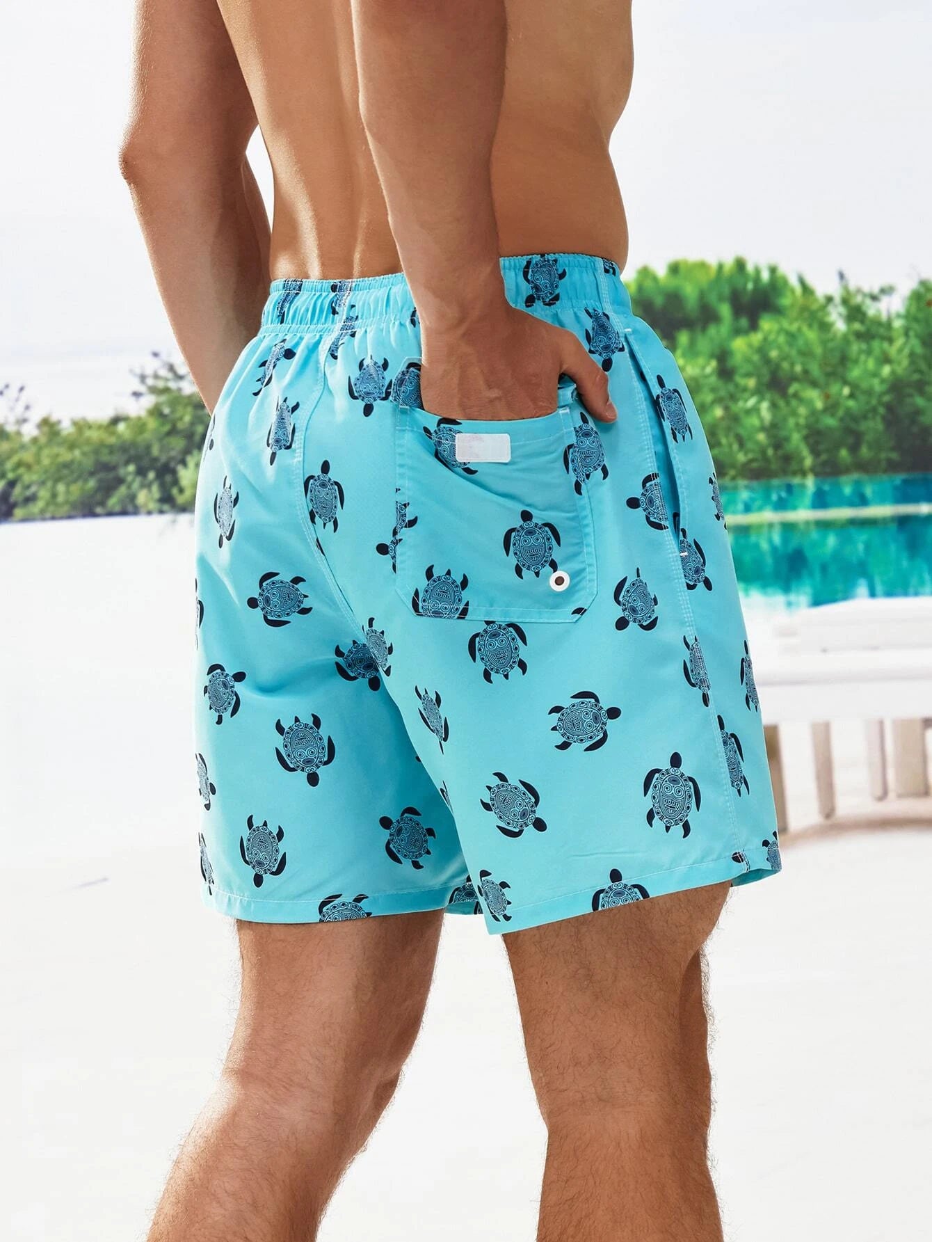 Turtle Print Drawstring Waist Swim Trunks-Waves And Trunks