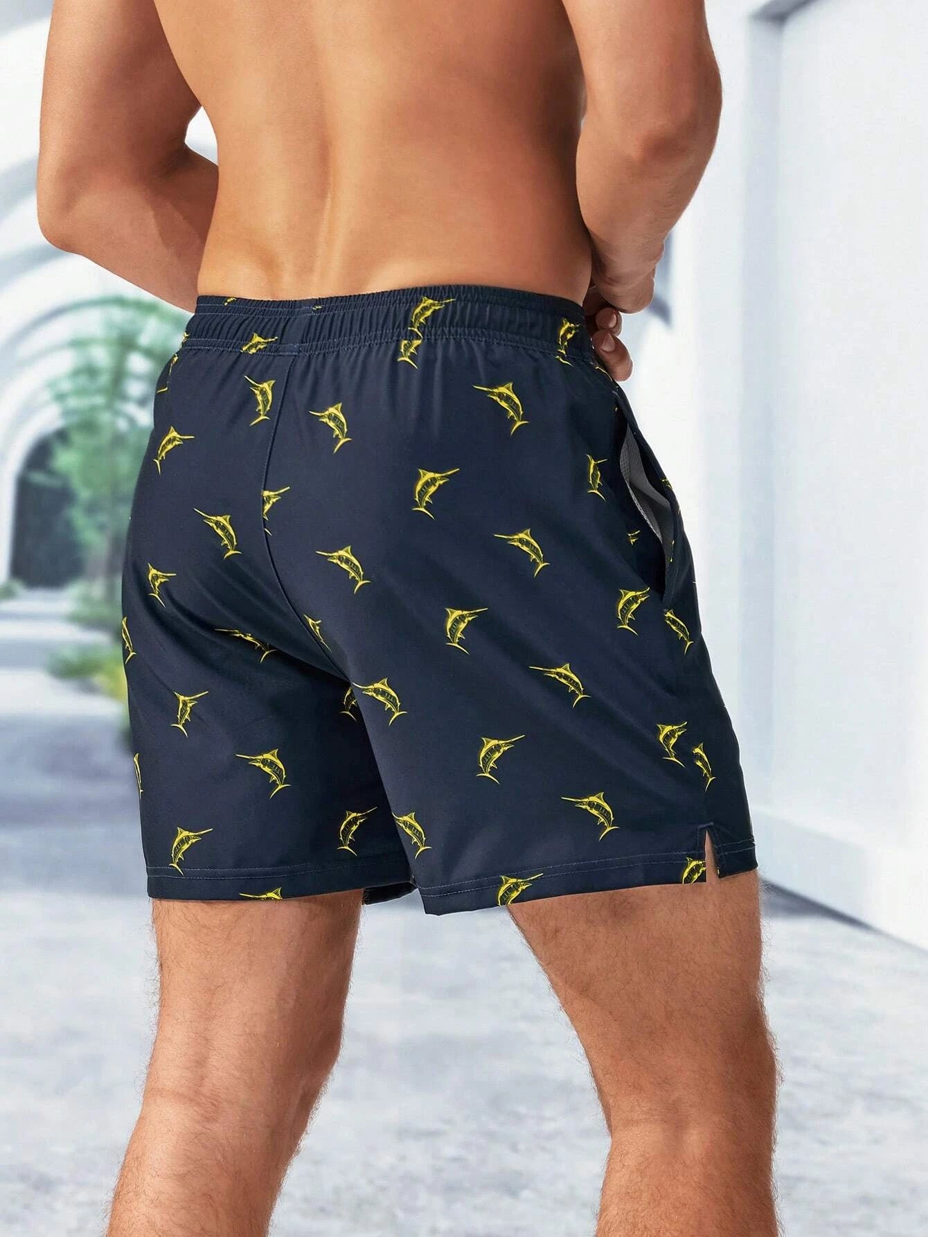 Print Drawstring Trunks With Compression Liner-Waves And Trunks