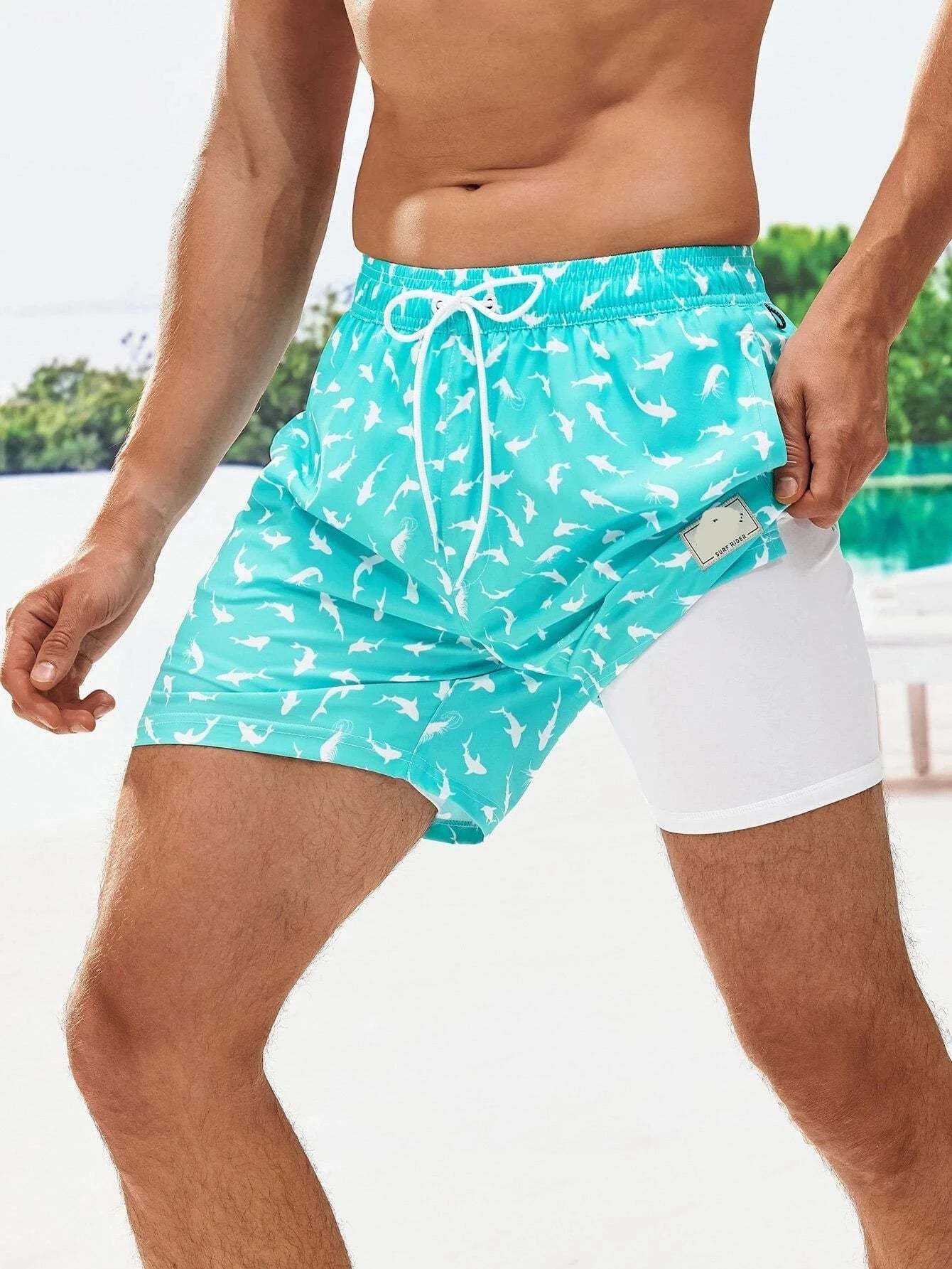 Allover Print Swim Trunks And Compression Liner-Waves And Trunks
