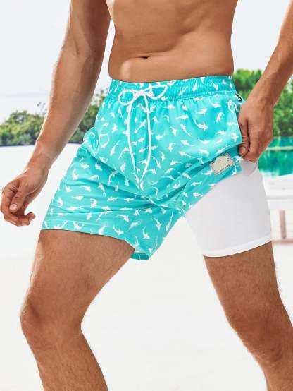 Allover Print Swim Trunks And Compression Liner-Waves And Trunks