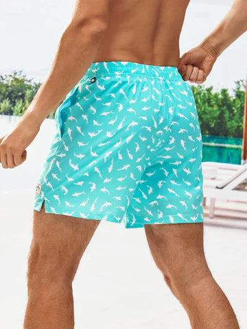 Allover Print Drawstring Waist Slight Stretch Swim Trunks-Waves And Trunks