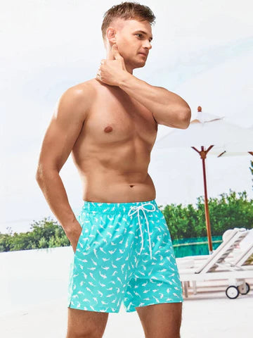 Allover Print Drawstring Waist Slight Stretch Swim Trunks-Waves And Trunks