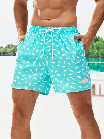 Allover Print Drawstring Waist Slight Stretch Swim Trunks-Waves And Trunks