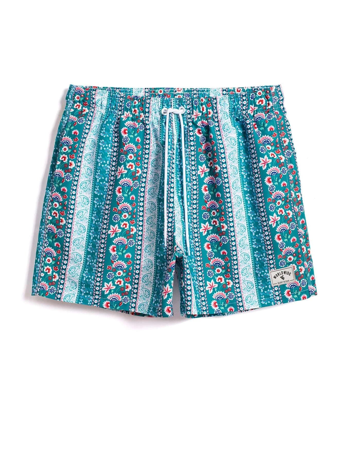 Floral Striped Print Swim Trunks-Waves And Trunks