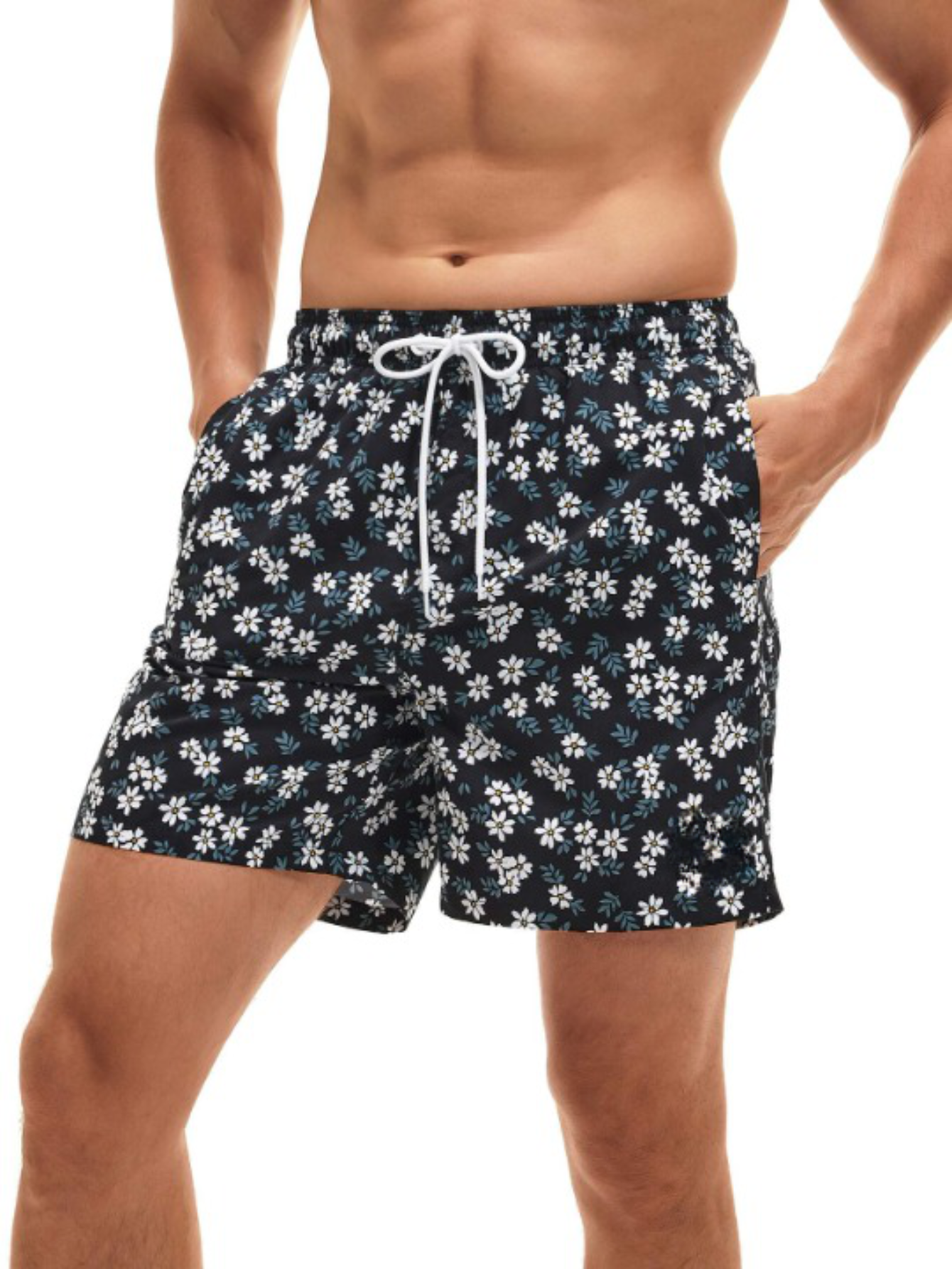 Floral Print Letter Drawstring Swim Trunks-Waves And Trunks