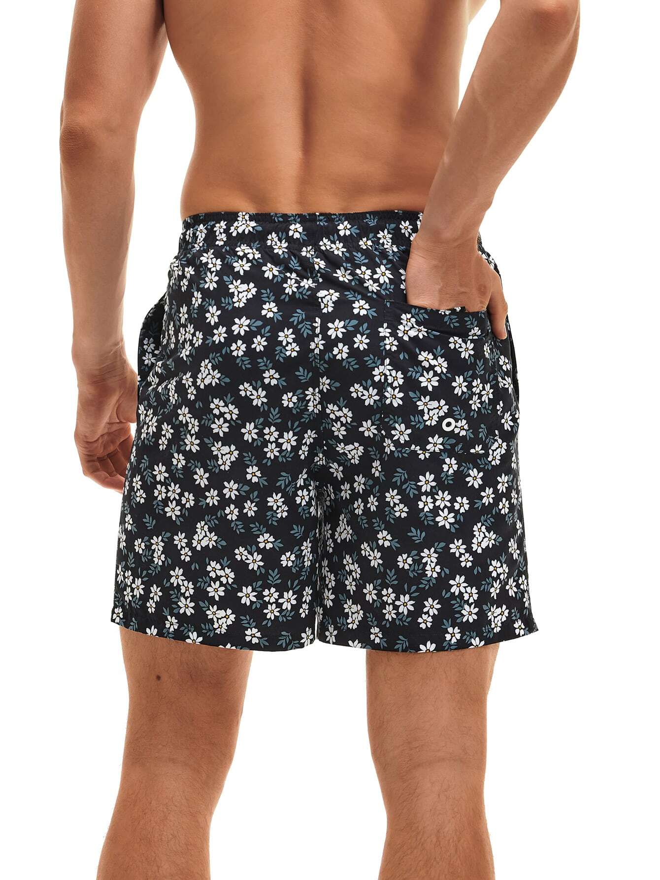 Floral Print Letter Drawstring Swim Trunks-Waves And Trunks