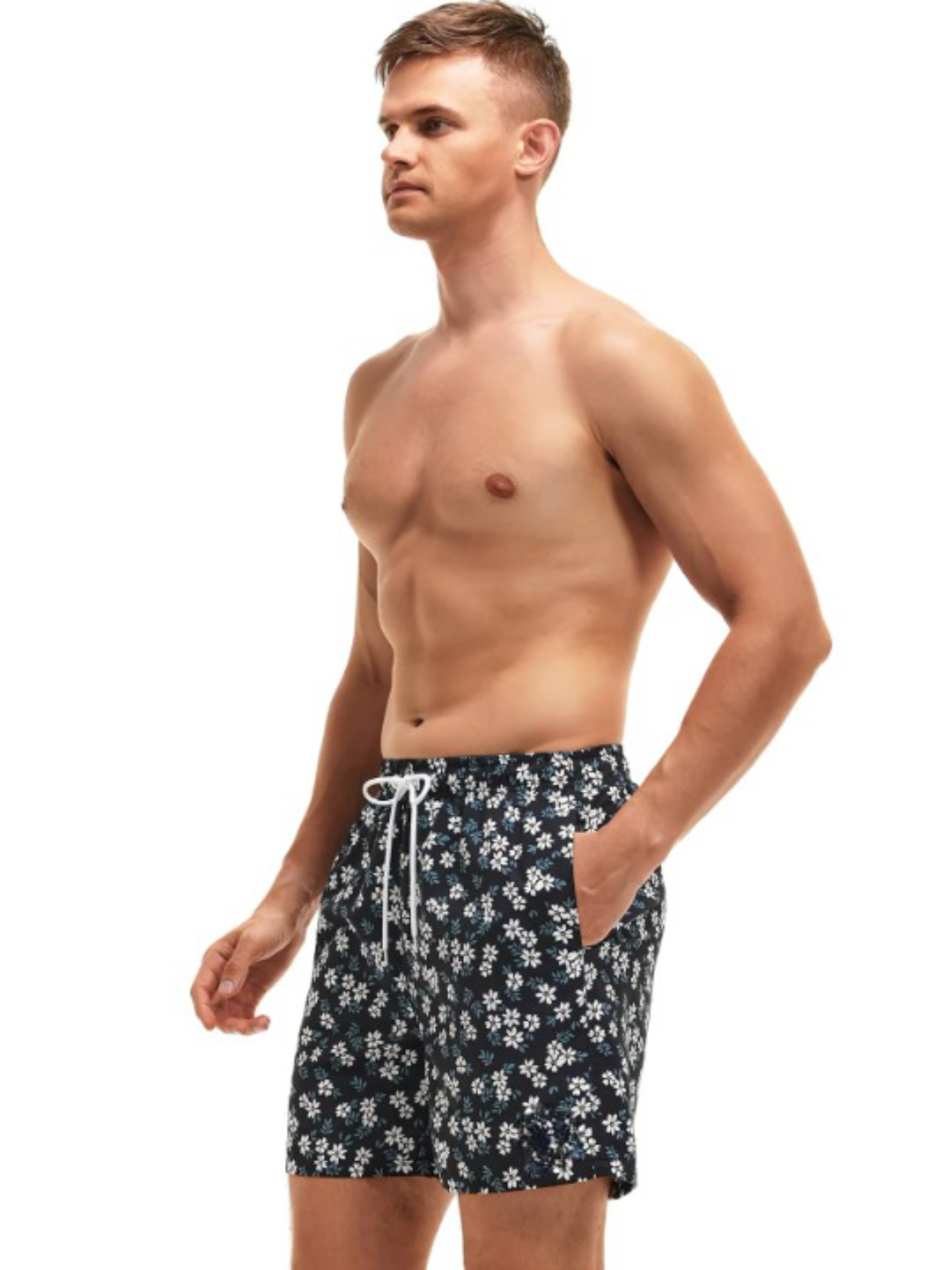 Floral Print Letter Drawstring Swim Trunks-Waves And Trunks