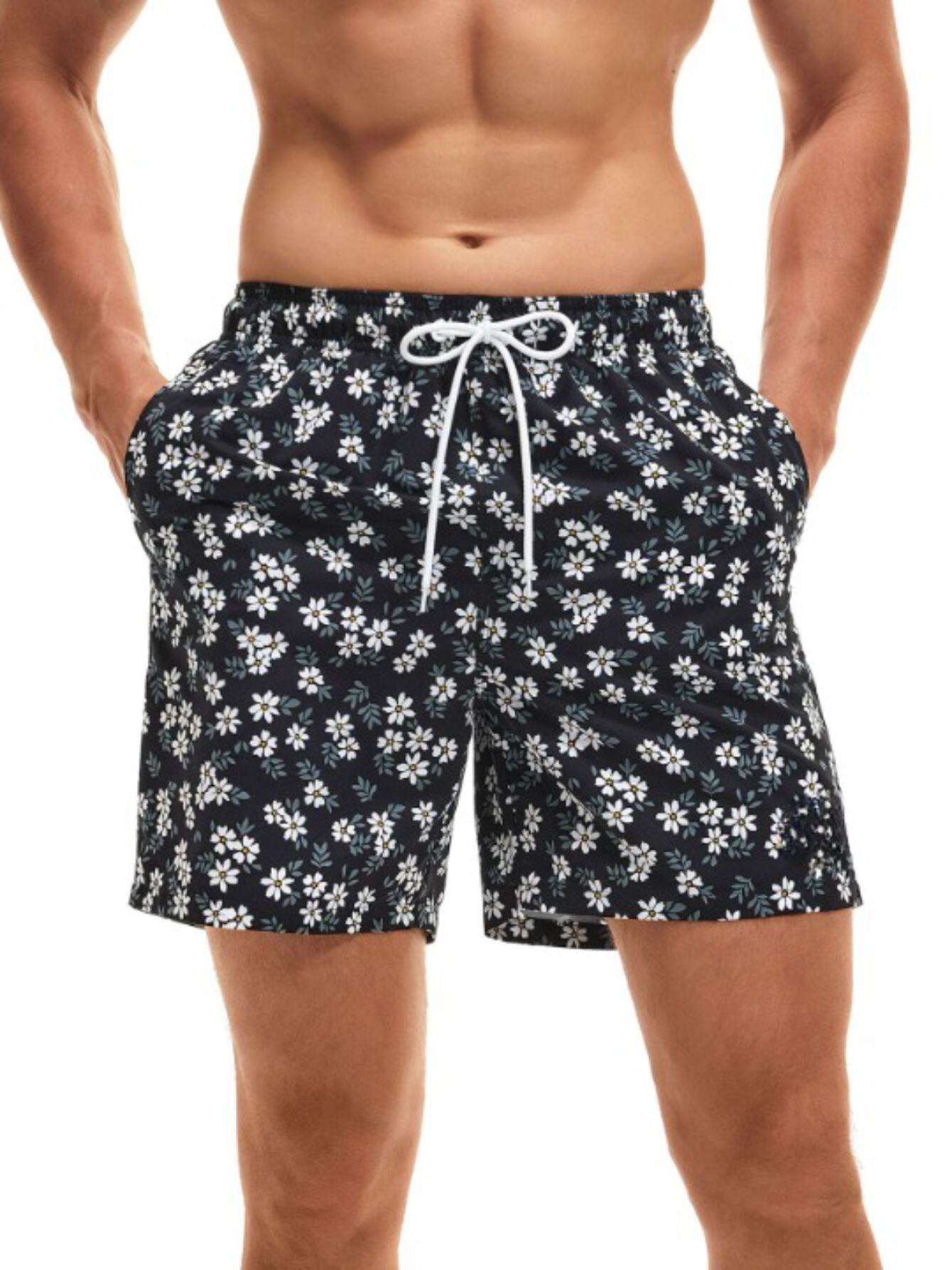 Floral Print Letter Drawstring Swim Trunks-Waves And Trunks