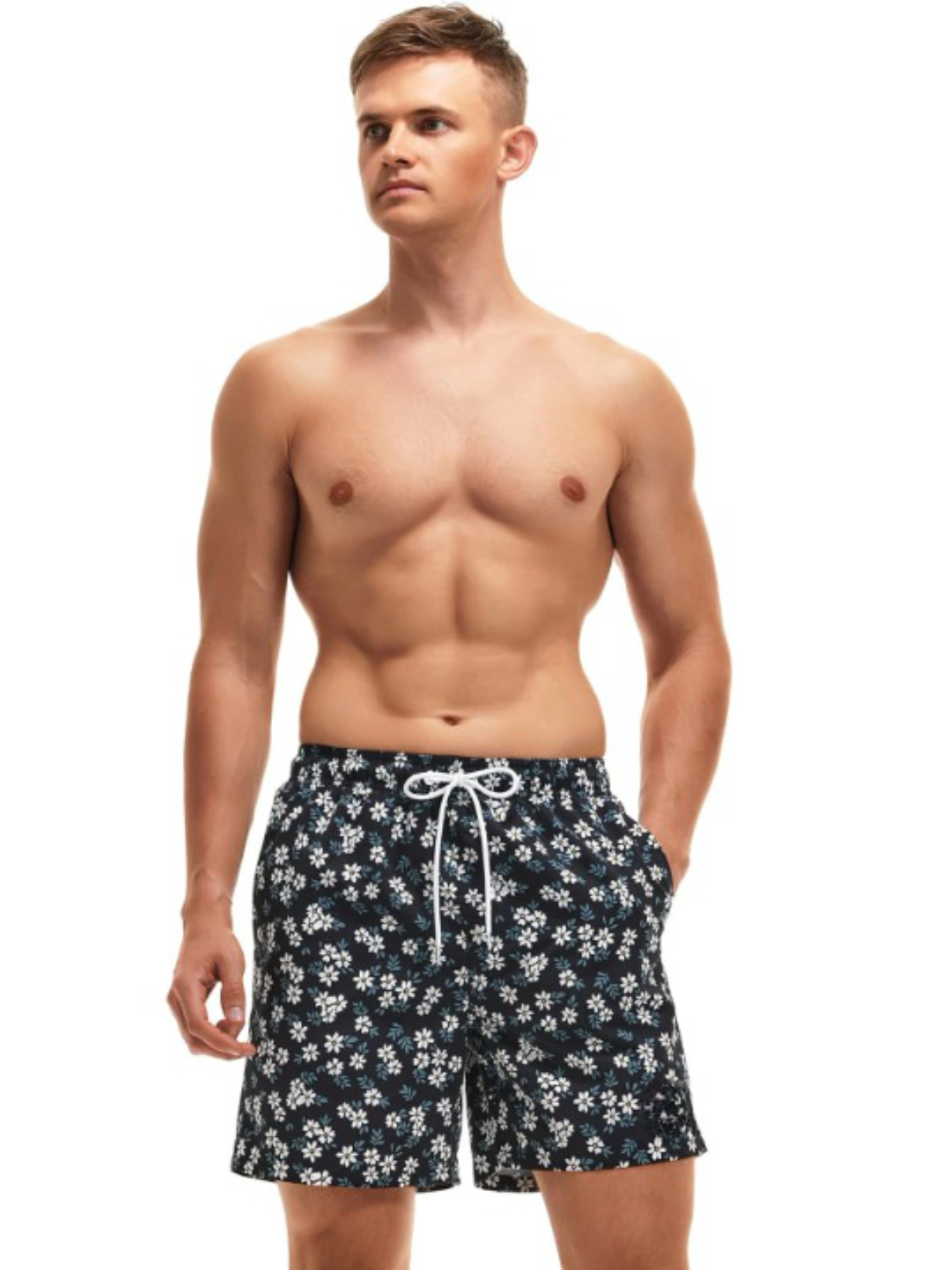 Floral Print Letter Drawstring Swim Trunks-Waves And Trunks