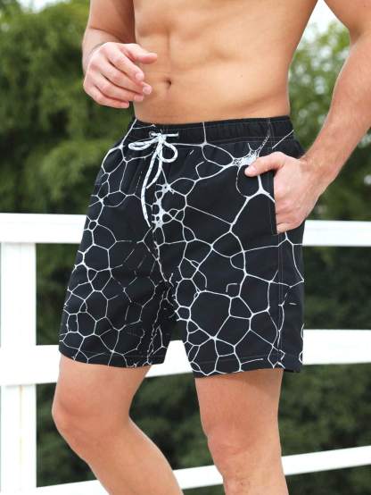 Non Stretch Allover Print Beach Shorts With Pocket-Waves And Trunks
