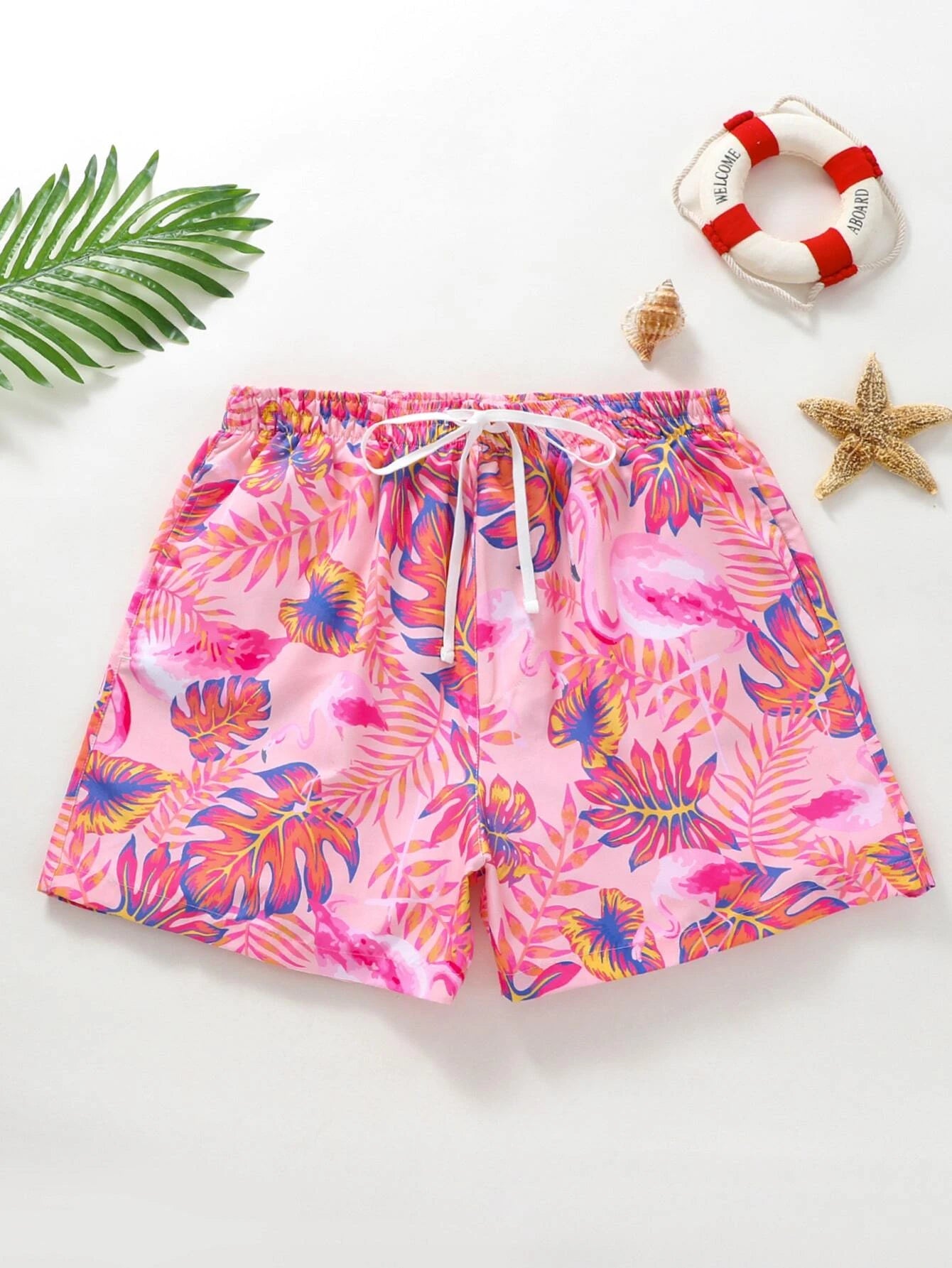 Vibrant Leaf And Flamingo Beach Shorts-Waves And Trunks
