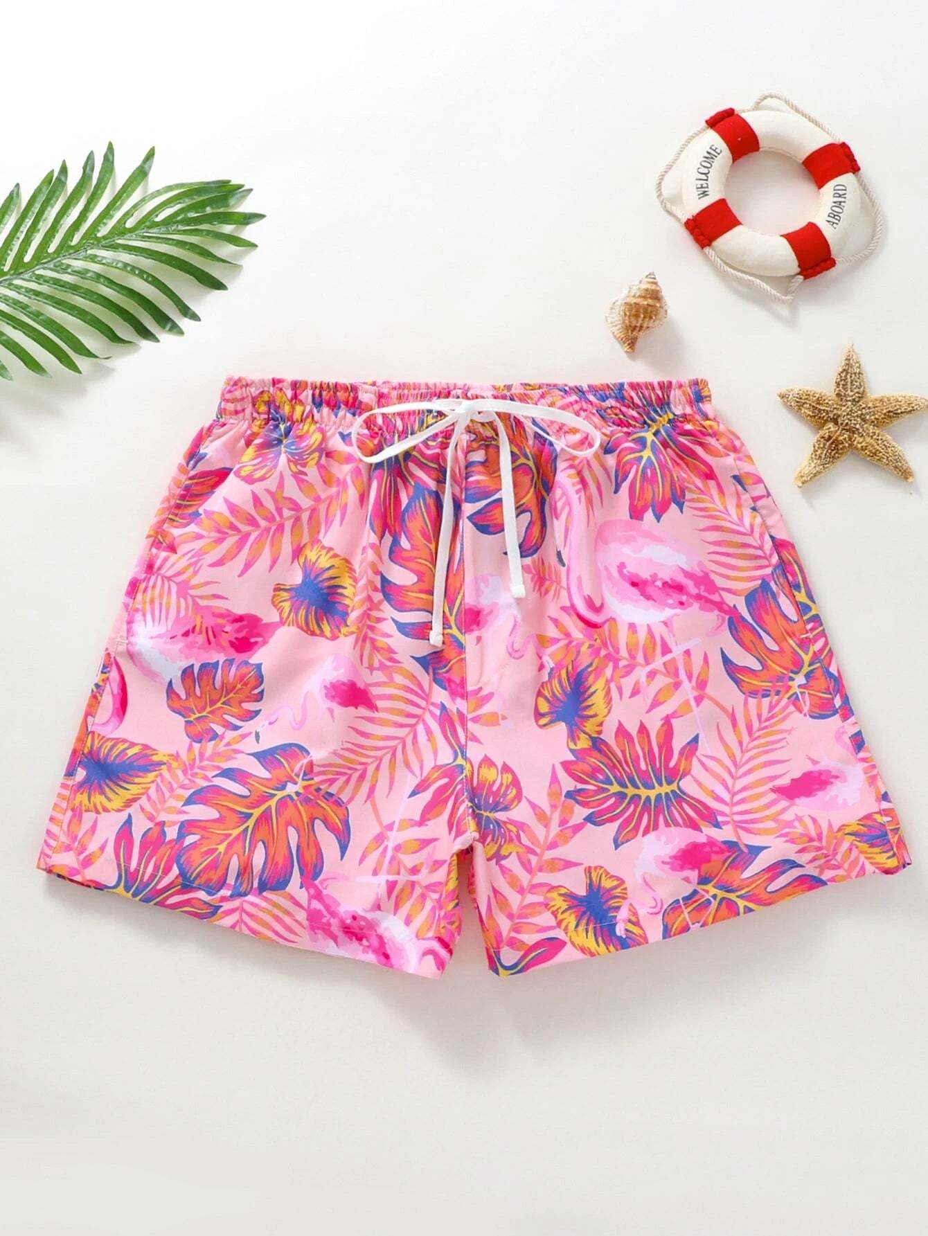 Vibrant Leaf And Flamingo Beach Shorts-Waves And Trunks