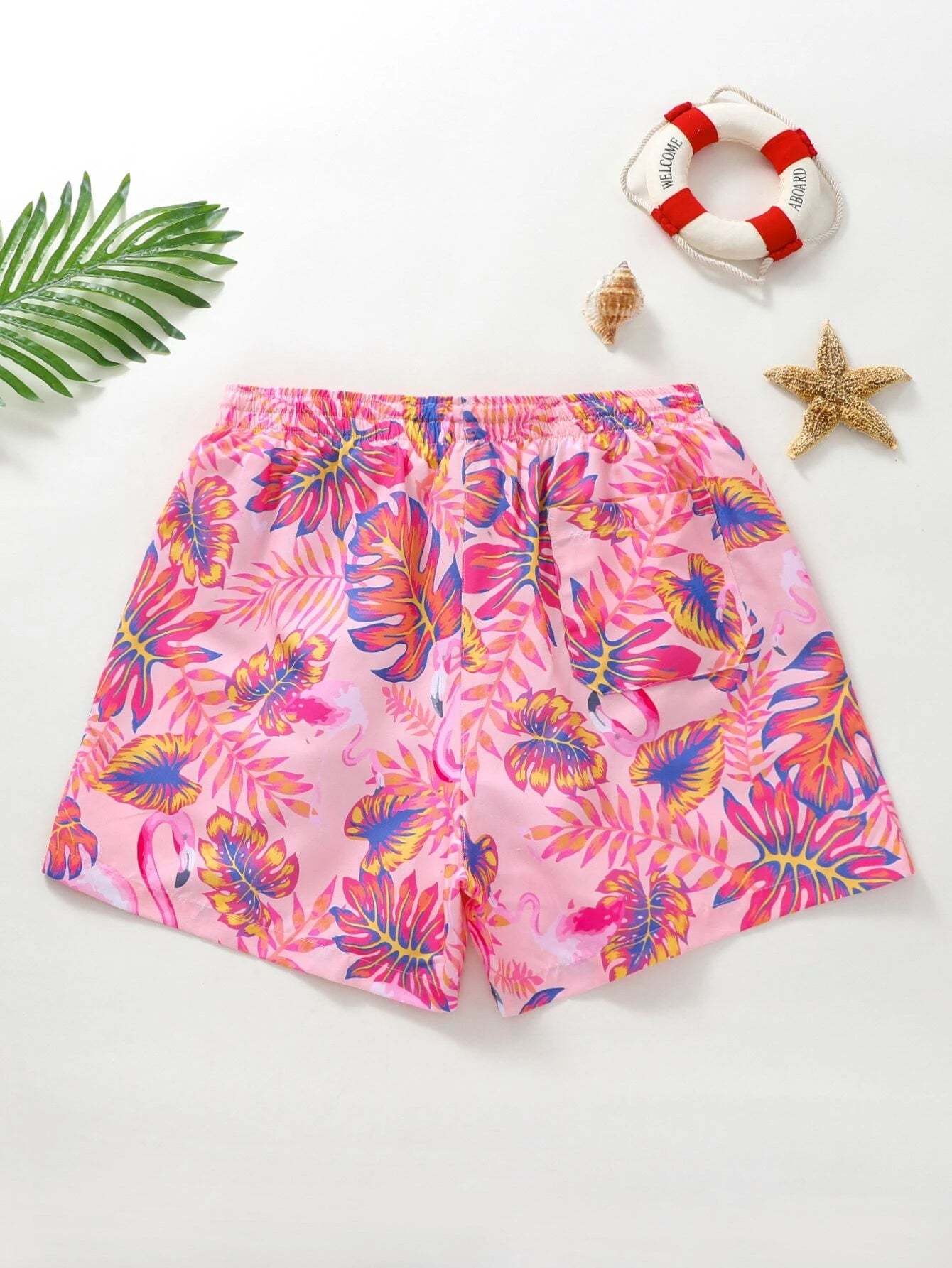 Vibrant Leaf And Flamingo Beach Shorts-Waves And Trunks