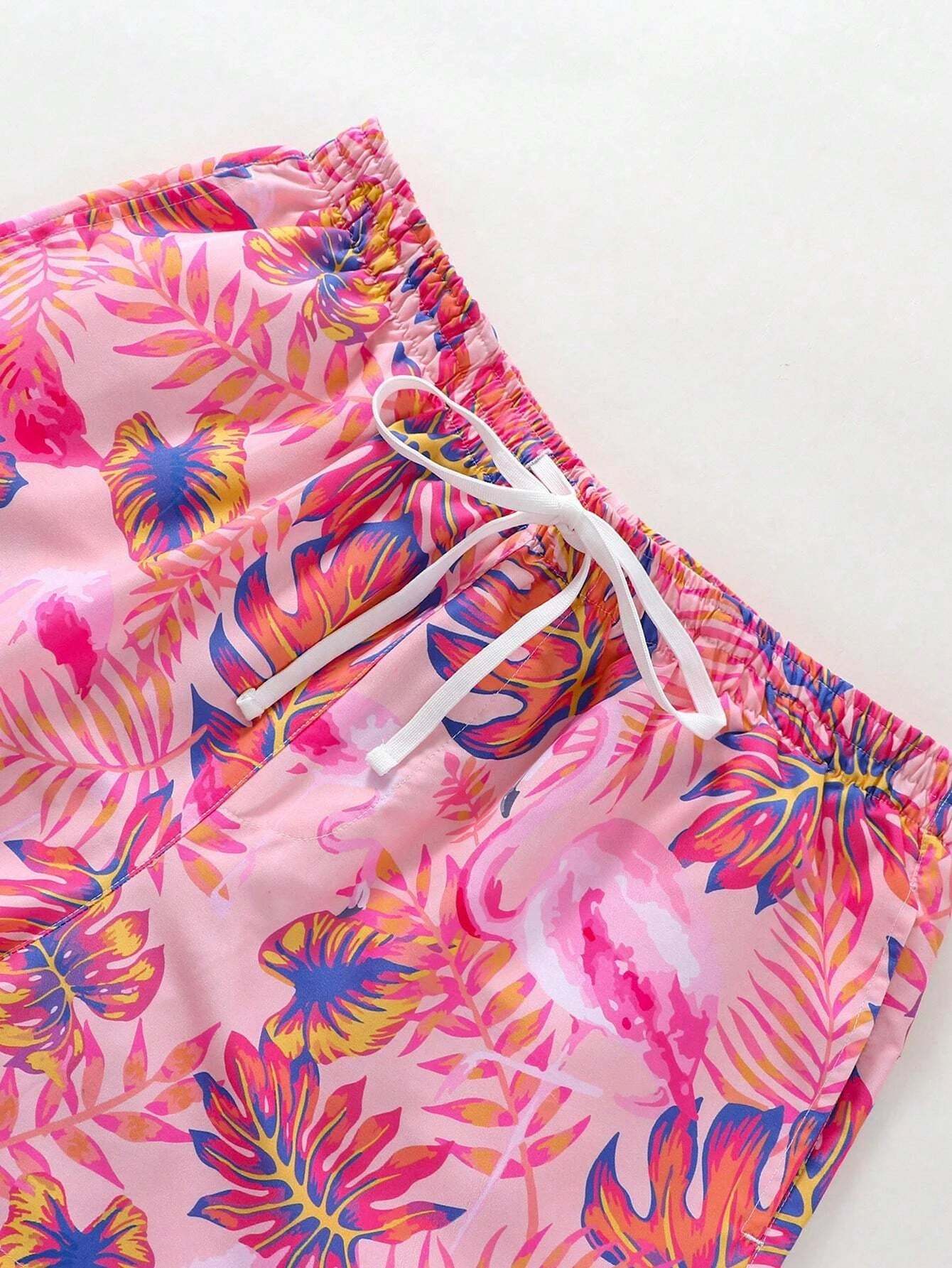 Vibrant Leaf And Flamingo Beach Shorts-Waves And Trunks