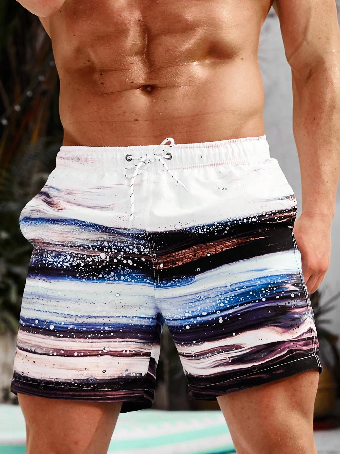 Brush Print Drawstring Waist Swim Shorts-Waves And Trunks