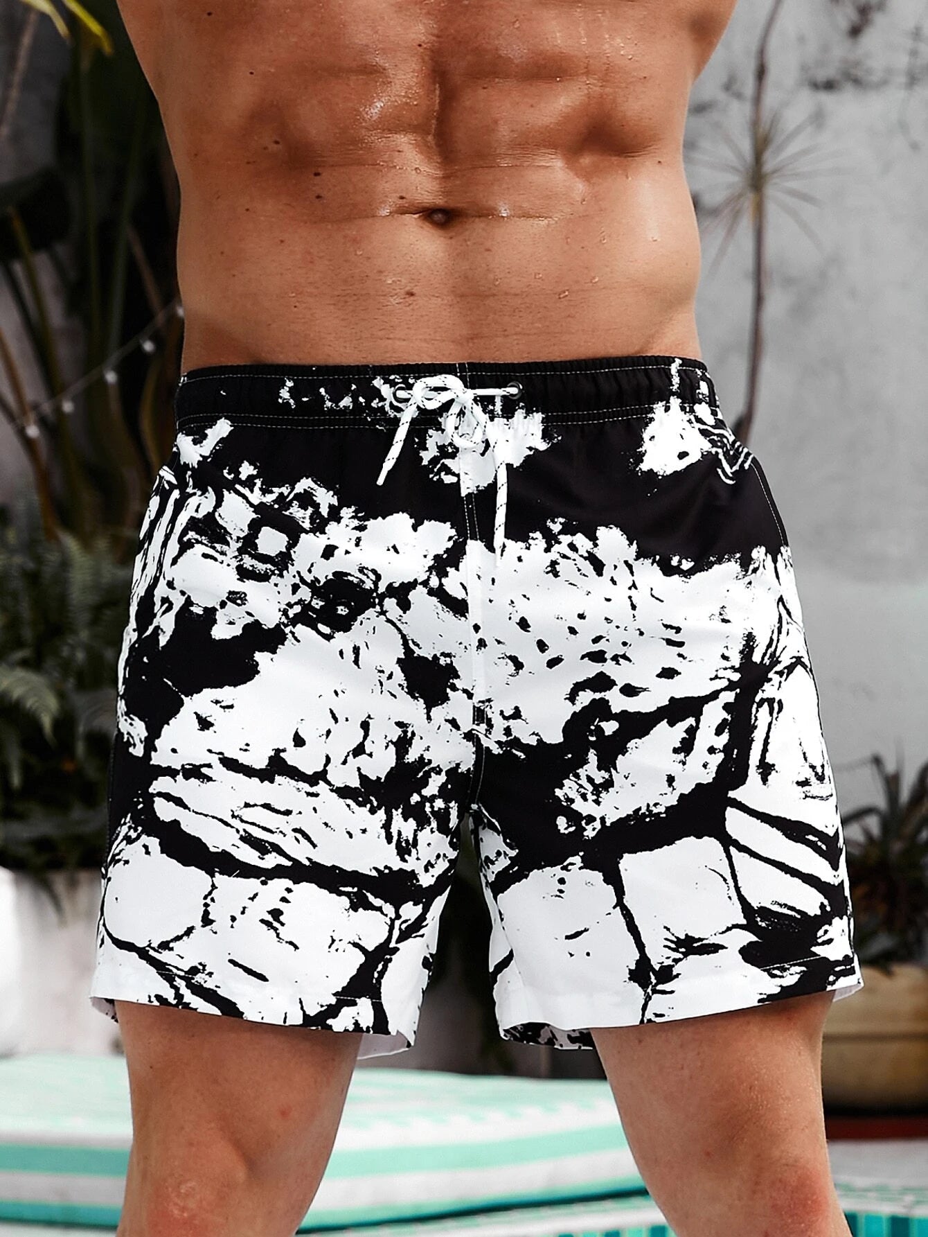 Graphic Print Drawstring Waist Swim Trunks-Waves And Trunks