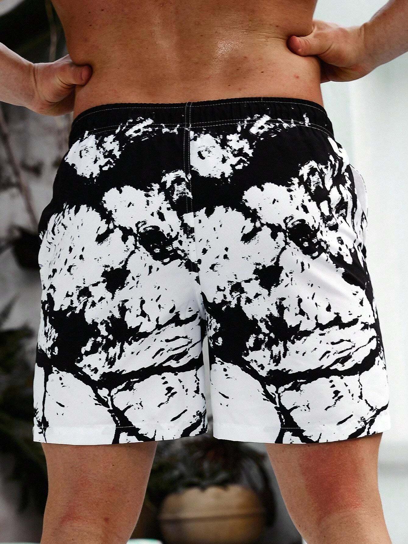 Graphic Print Drawstring Waist Swim Trunks-Waves And Trunks