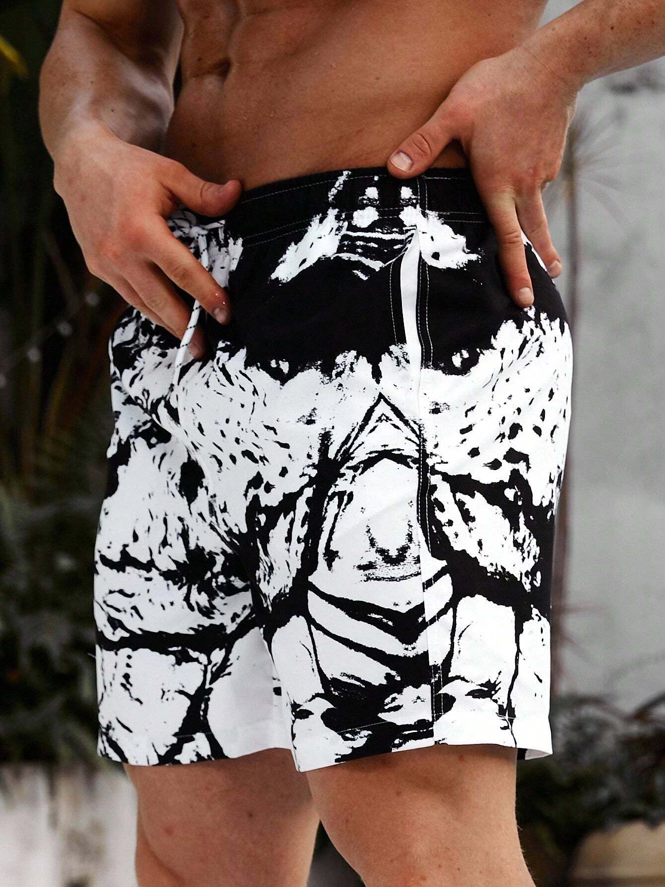 Graphic Print Drawstring Waist Swim Trunks-Waves And Trunks