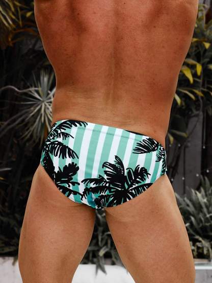 Striped And Tropical Leaf Print Swim Briefs-Waves And Trunks