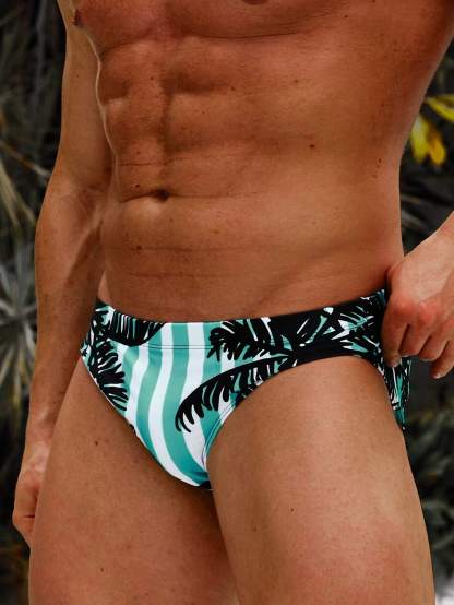 Striped And Tropical Leaf Print Swim Briefs-Waves And Trunks