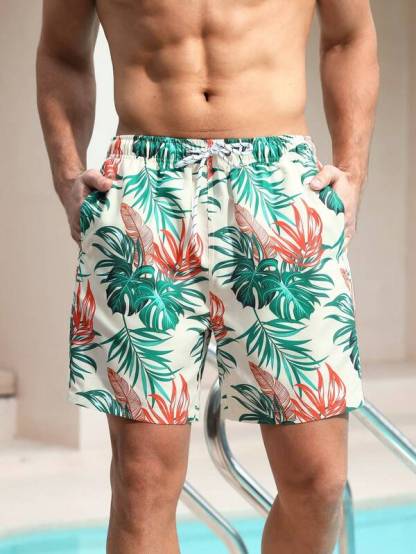 All Over Print Drawstring Waist Swim Shorts-Waves And Trunks