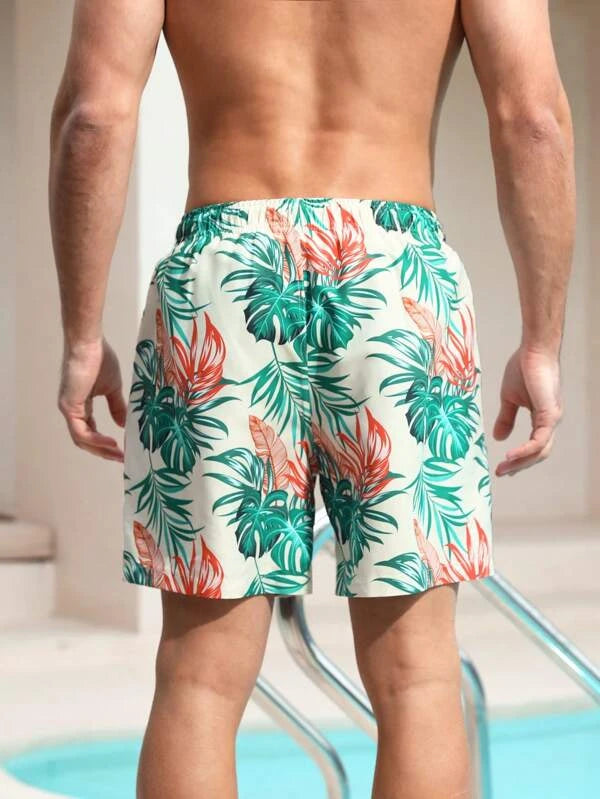 All Over Print Drawstring Waist Swim Shorts-Waves And Trunks