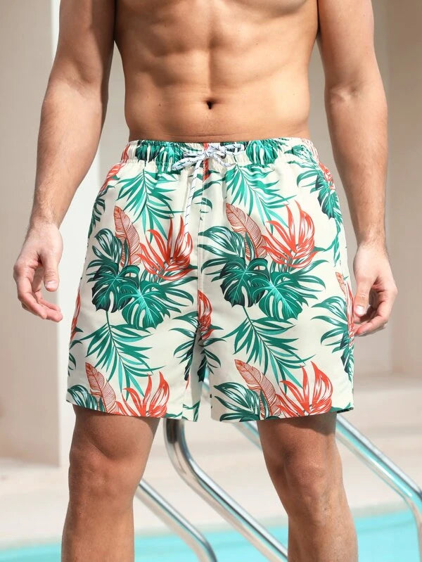 All Over Print Drawstring Waist Swim Shorts-Waves And Trunks