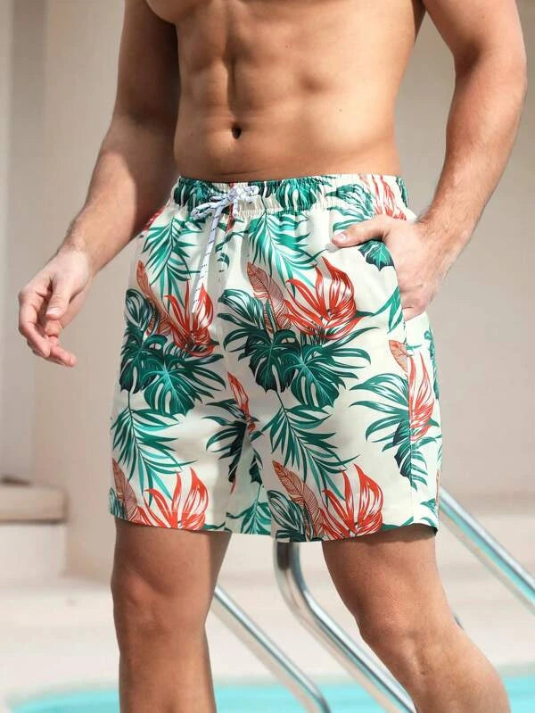 All Over Print Drawstring Waist Swim Shorts-Waves And Trunks