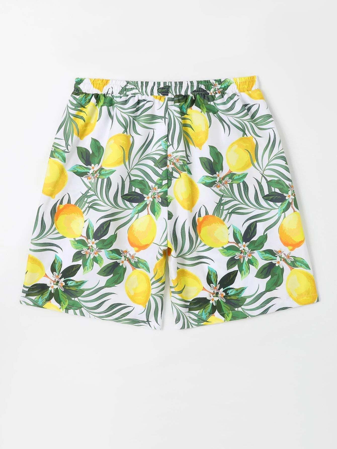 Lemon Print Drawstring  Swim Trunks-Waves And Trunks