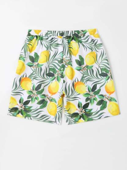 Lemon Print Drawstring  Swim Trunks-Waves And Trunks