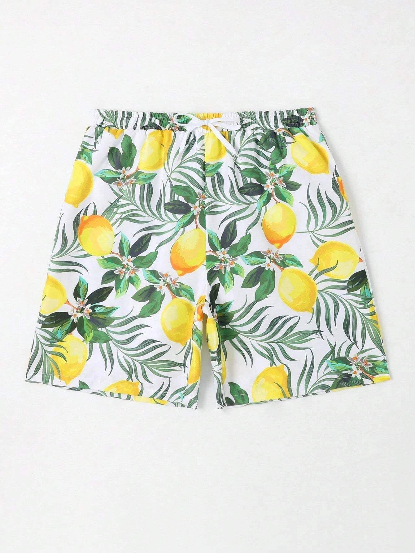 Lemon Print Drawstring  Swim Trunks-Waves And Trunks