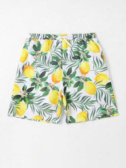 Lemon Print Drawstring  Swim Trunks-Waves And Trunks