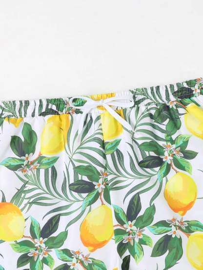 Lemon Print Drawstring  Swim Trunks-Waves And Trunks