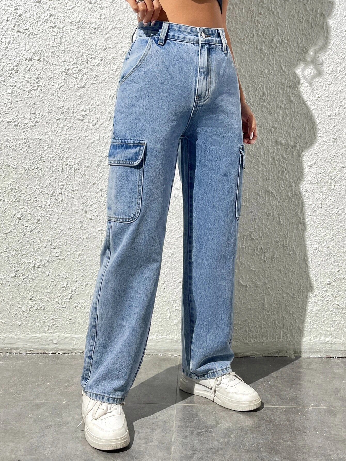 Straight Fit Denim High Rise Cargo Pants-Waves And Trunks