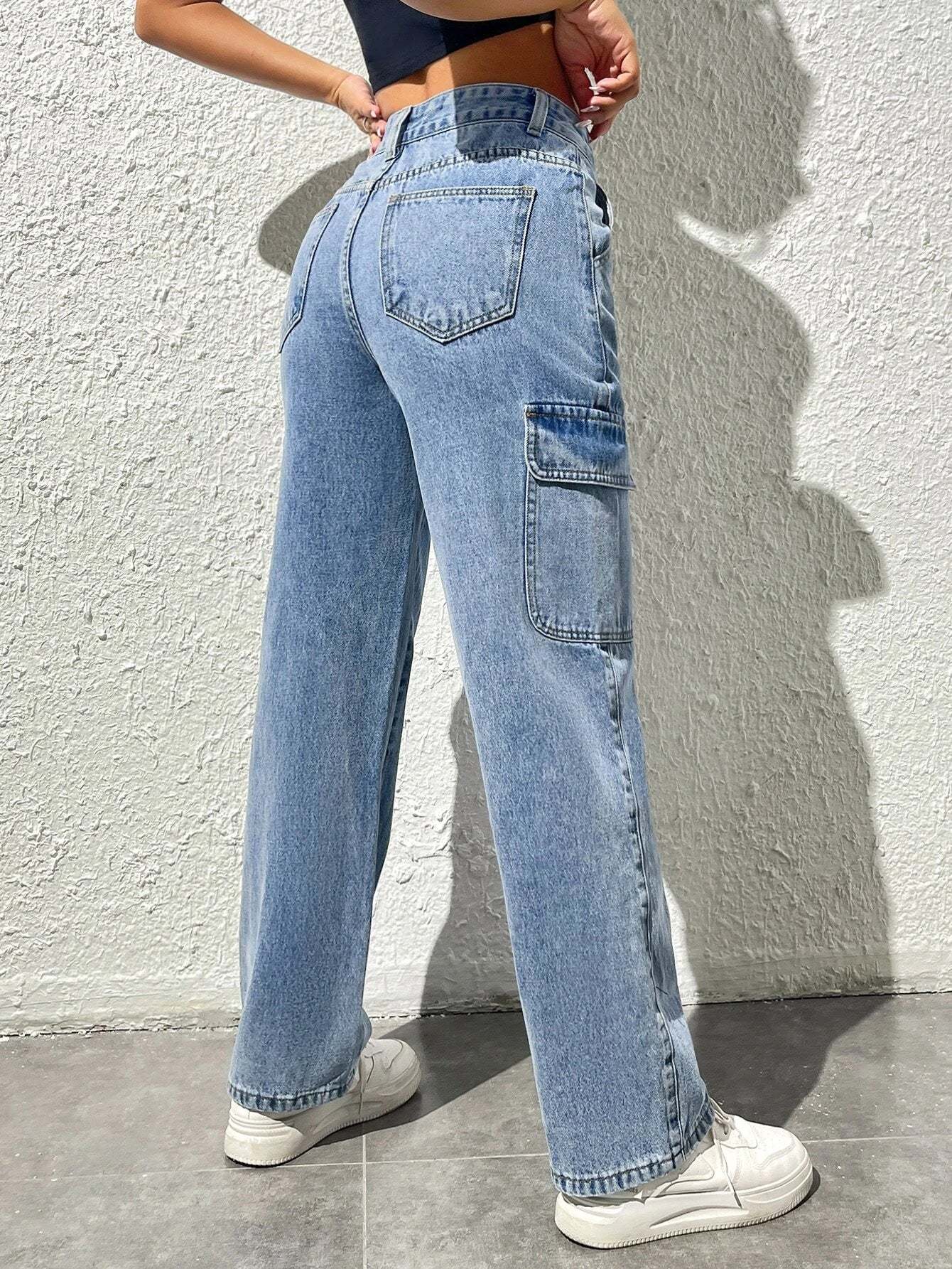 Straight Fit Denim High Rise Cargo Pants-Waves And Trunks