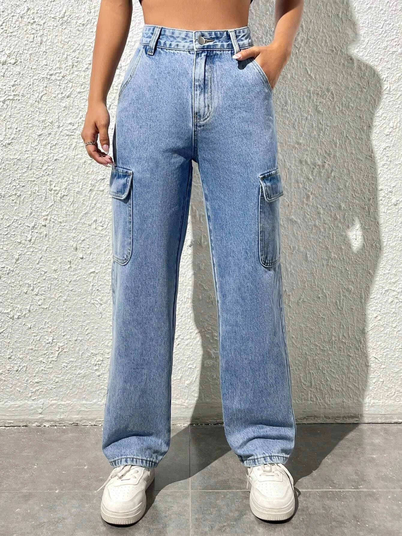 Straight Fit Denim High Rise Cargo Pants-Waves And Trunks