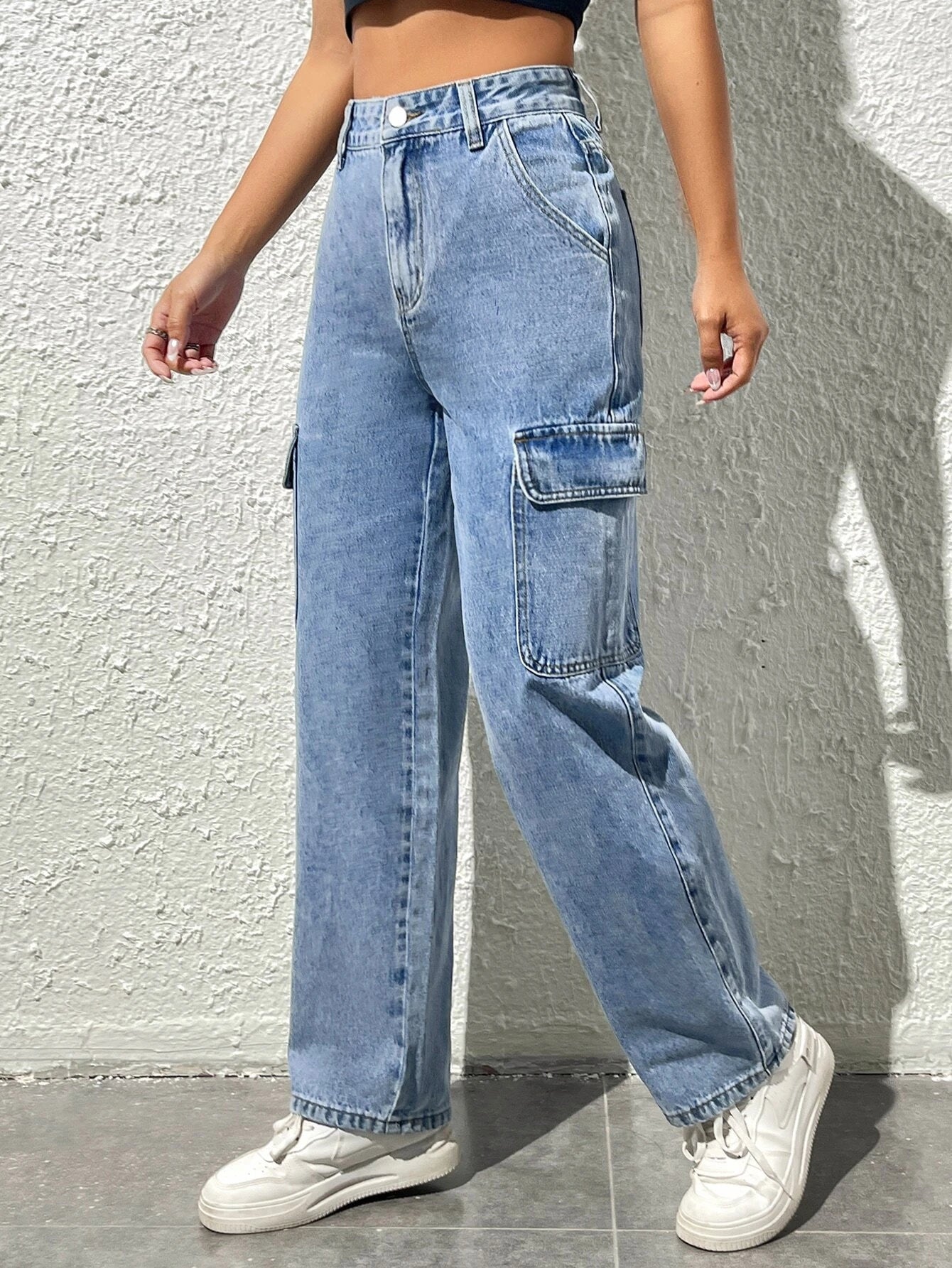 Straight Fit Denim High Rise Cargo Pants-Waves And Trunks