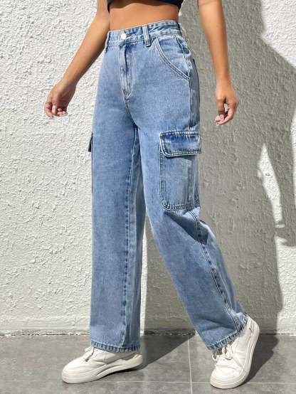 Straight Fit Denim High Rise Cargo Pants-Waves And Trunks