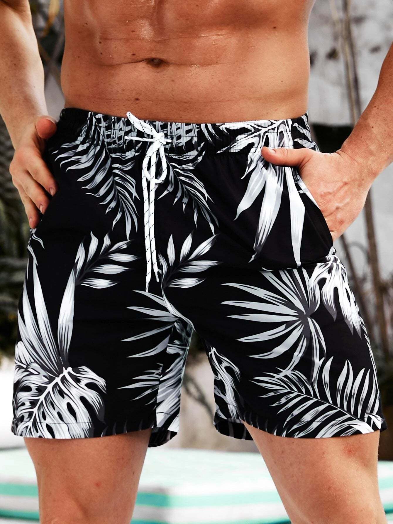 Pocketed Tropical All Over Print Swim Trunks-Waves And Trunks