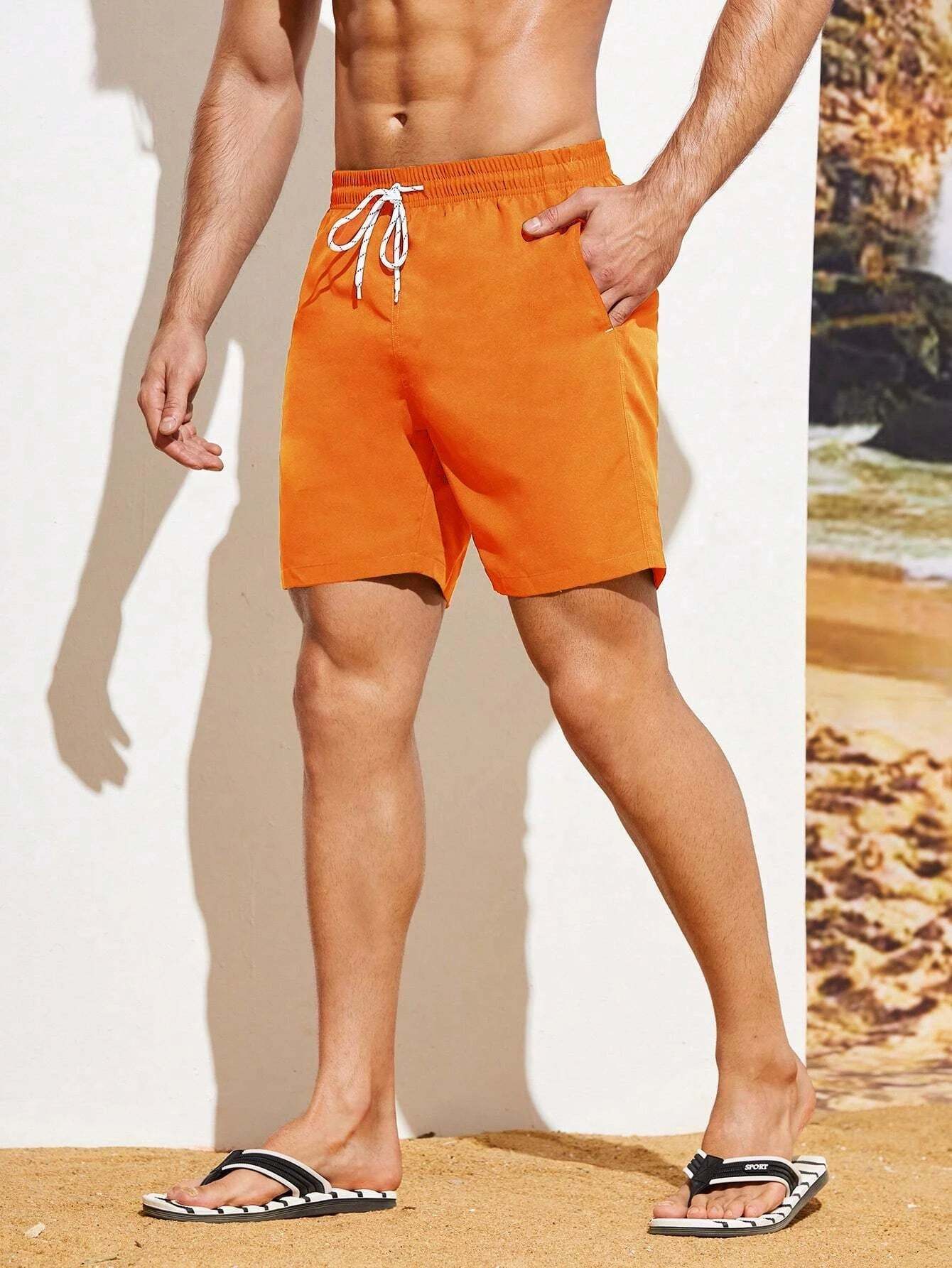 Plain Drawstring Waist Swim Shorts-Waves And Trunks