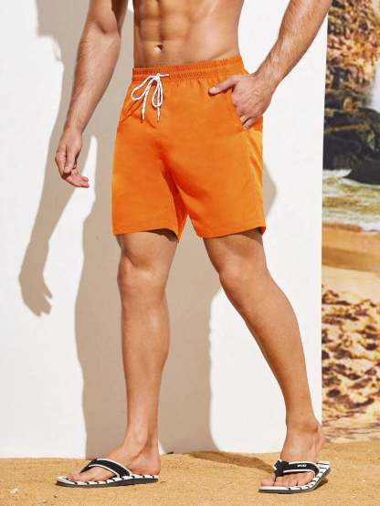 Plain Drawstring Waist Swim Shorts-Waves And Trunks