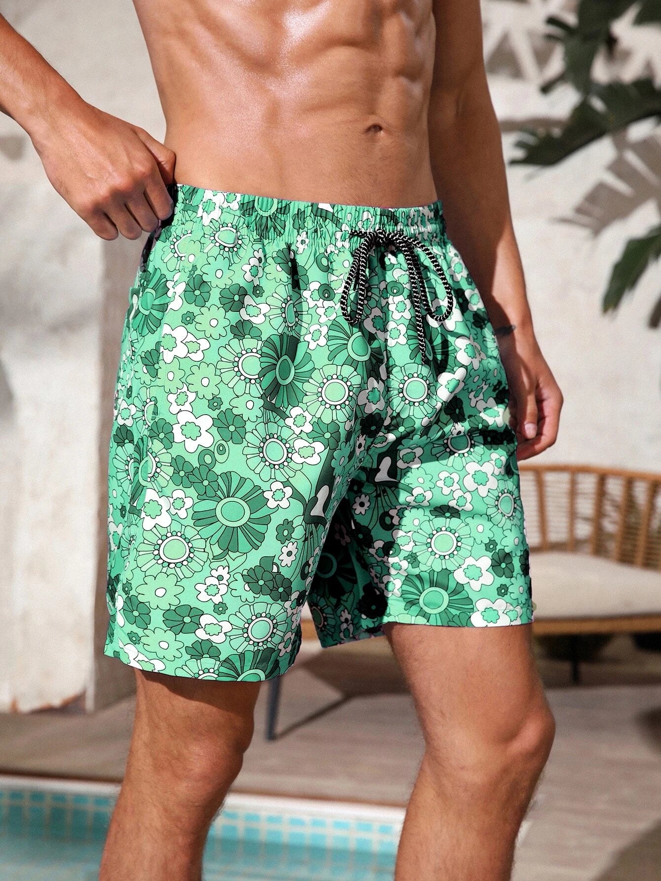 Floral Print Drawstring Waist Swim Trunks-Waves And Trunks
