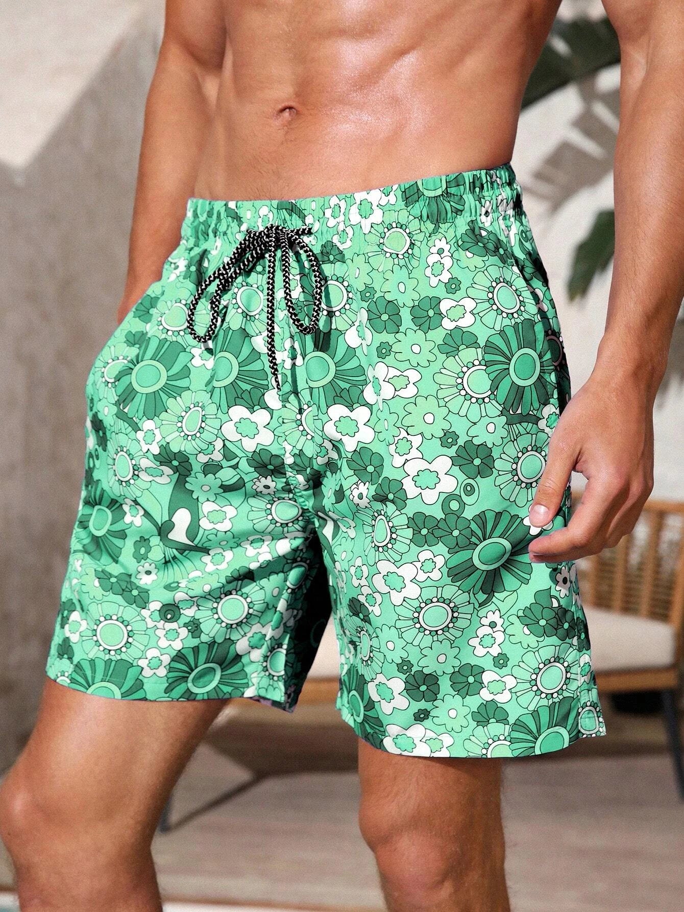 Floral Print Drawstring Waist Swim Trunks-Waves And Trunks