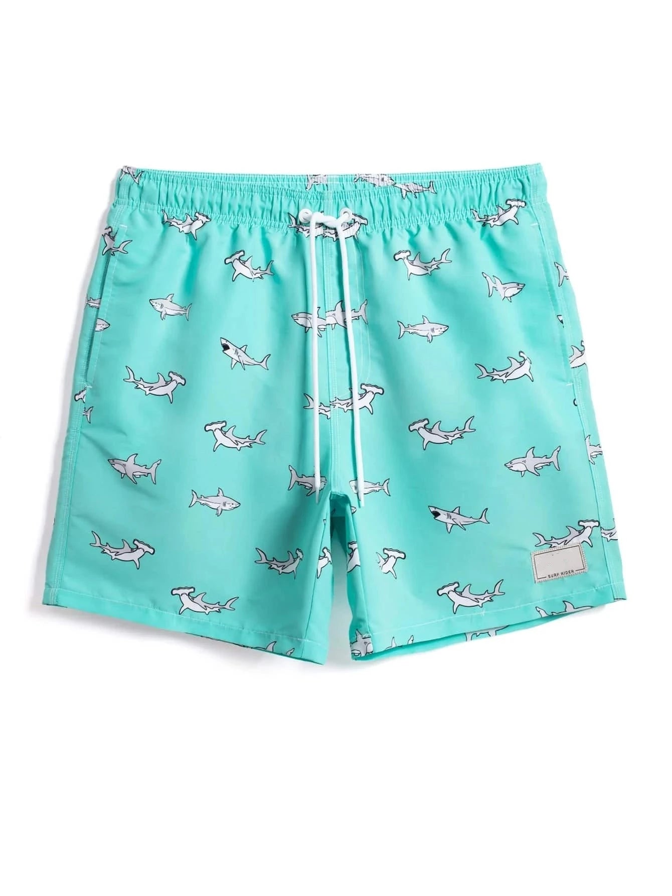 Shark Print Drawstring Waist Swim Trunks With Pocket-Waves And Trunks