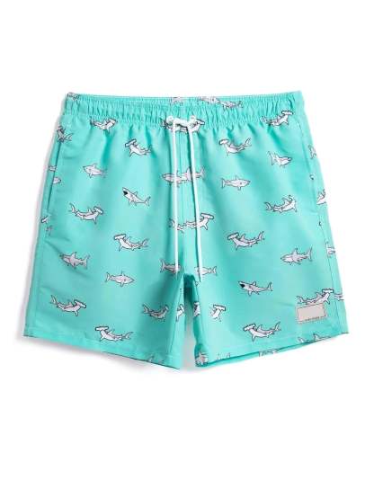 Shark Print Letter Patched Swim Trunks-Waves And Trunks