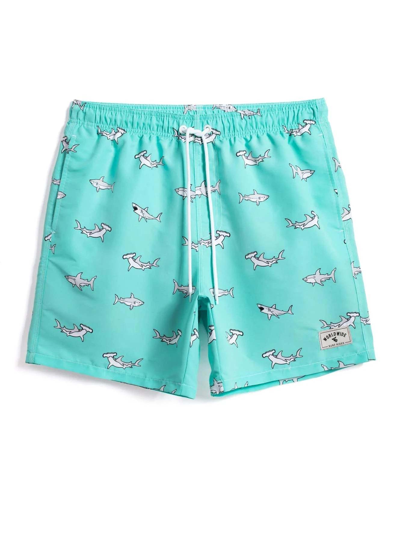 Shark Print Drawstring Waist Swim Shorts-Waves And Trunks