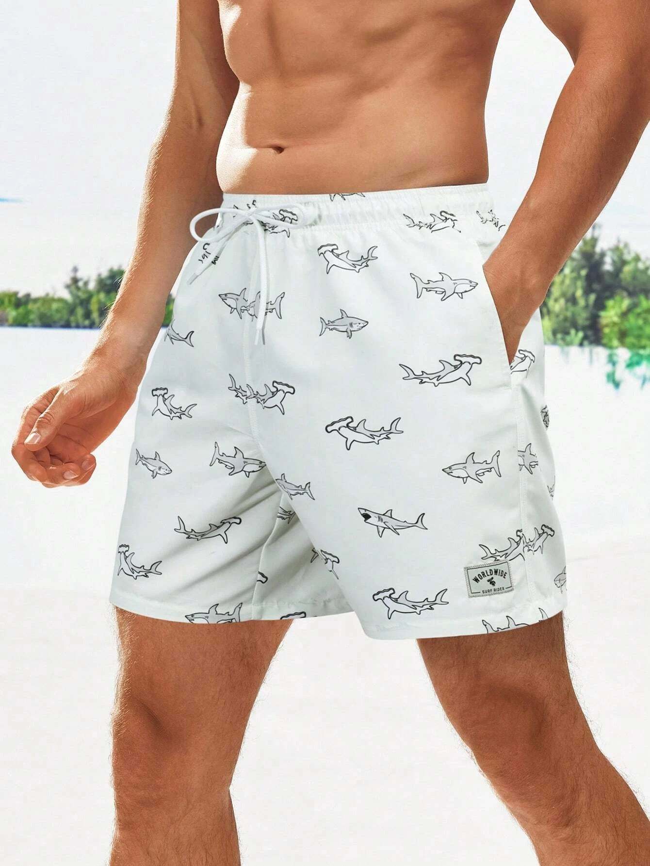 Shark Print Drawstring Waist Swim Shorts-Waves And Trunks